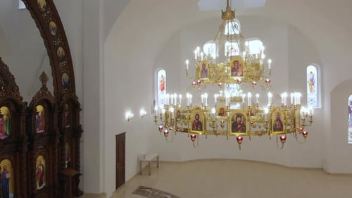 Aerial Drone Flight around Church Lampshade inside Church