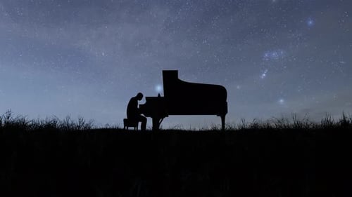 Silhouette of Person Playing Piano Under Starry Night Sky