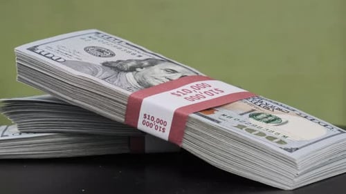 Dollars Bundles Rotate on Green Background Heap of Money