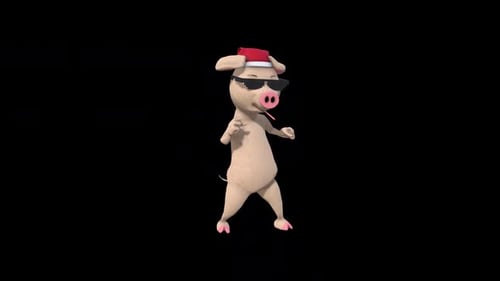 Funny Christmas Pig Dances in Santa Hat and Sunglasses