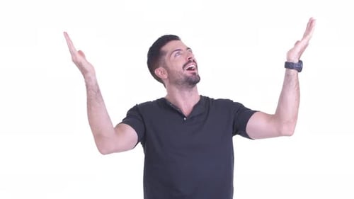 Happy Young Handsome Bearded Man Catching Something