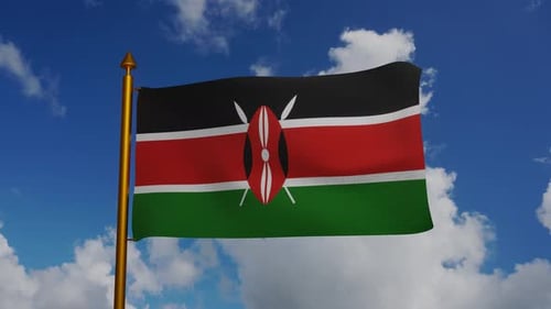 Realistic Waving Kenya Flag Animation Against Blue Sky