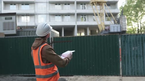 Man Inspecting Construction Site with Plans