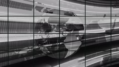 Grayscale Earth Globe Spinning in Segmented Grid Display Background