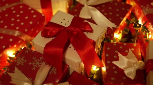 Christmas Gift Boxes and String Lights Pile