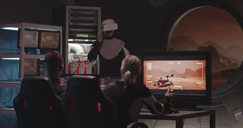Futuristic Scientists Working With VR and Computers
