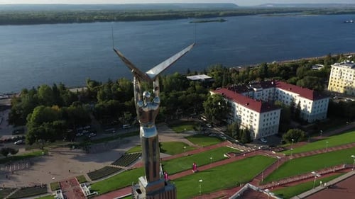 View From the Quadrocopter on a High Landmark in the Center of the Square