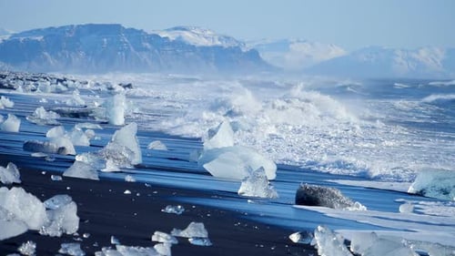 Ocean Waves Washed Icebergs. Global Warming Problem