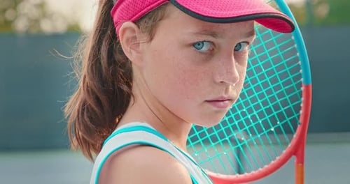 Concentrated Child Tennis Player with Racket Close Up