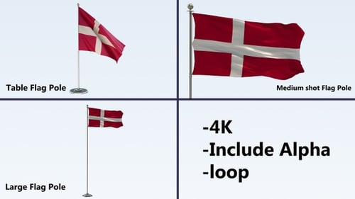 Realistic Waving Denmark Flag on Pole with Alpha Channel