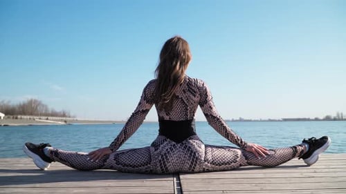 Athletic Slim Young Girl Sitting Splits Background Beautiful Blue Lake