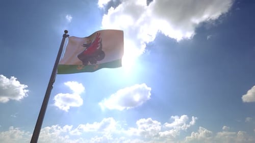 Flag with Red Dragon Motif Waving Against Bright Sunny Sky