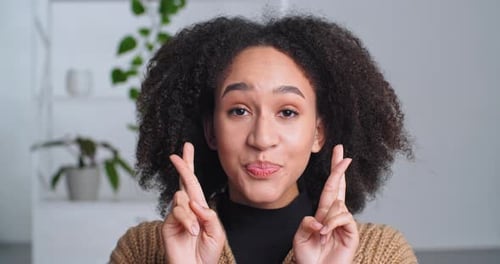 Funny Beautiful African American Woman Ethnic Girl with Stylish Afro Curls Hairstyle Crossing