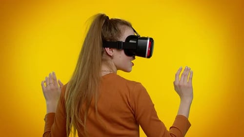 Woman Using VR Headset on Bright Background