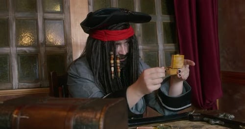 Man Dressed in Pirate Costume Holding Golden Box