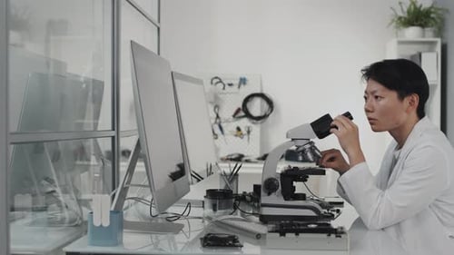 Scientists Working in a Modern Lab with Microscope
