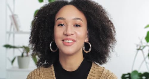 Webcam View Afro American Mixed Race Woman Girl Talking Via Video Chat Is Being Interviewed Online