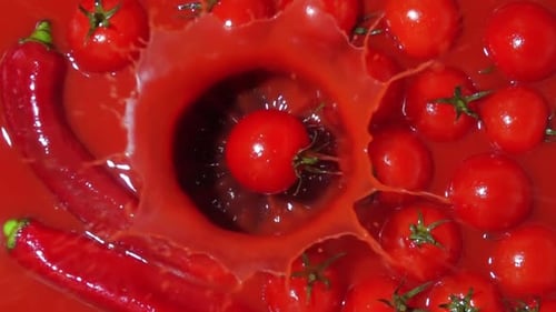 Red Tomato Falling Into Spicy Sauce