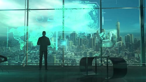 Der Mann arbeitet mit den Geolokalisierungssystemen der Zukunft HD