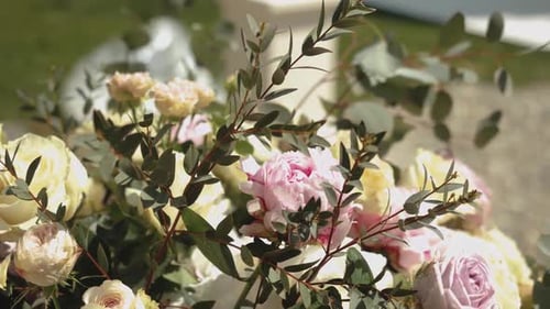 Closeup Bouquet of of Fresh Pink and Yellow Roses with Green Leaves Closeup Slow Motion
