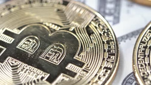 Macro Close Up of Gold Bitcoin Coins