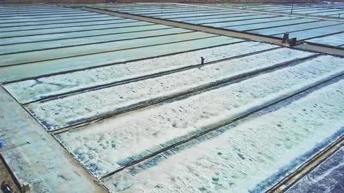 Man Works with Shovel Collecting Salt on Fields