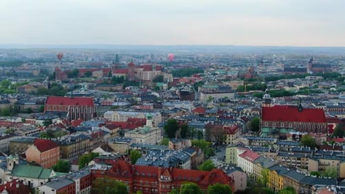 Hot air balloons flying over Cracow, Krakow, Poland, Polska (drone footage)