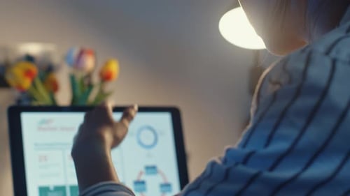 Stressed Young Adult Working at Computer Late