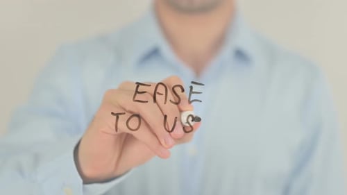 Ease to Use, Man Writing on Transparent Screen