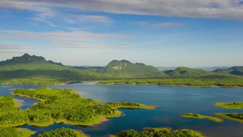 Aerial View of Tropical Islands and Mountains