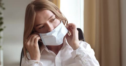 Portrait of Young Business Woman Attractive Student Sitting at Office at Table at Home, Looking at