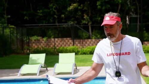 Poolside Lifeguard Blowing Whistle Holding Clipboard