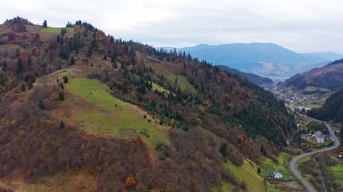 Small Village Along a Road in a Mountain Gorge Carpathian Mountains in Ukraine