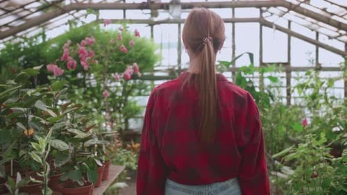 Woman Walking Among Plants in Tropical Greenhouse