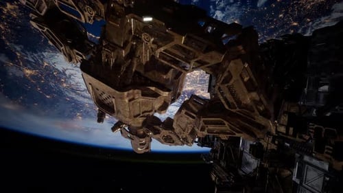 Futuristic Spacecraft Orbiting Earth with Illuminated Cities