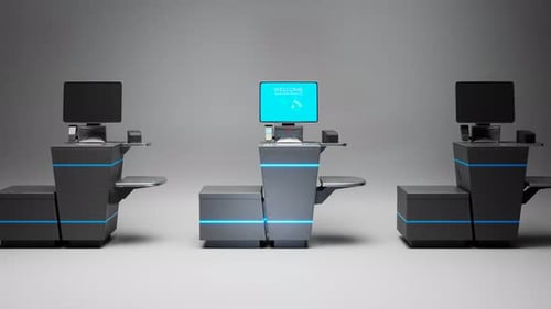 Self-service checkouts in the shop.Ready for scanning and paying for the items