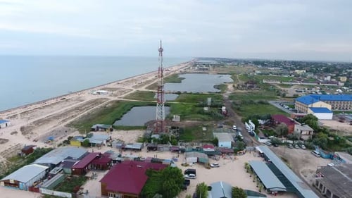 Aerial of Black Sea Quay with Straight Shore, Many Hotels, Houses and Greenery