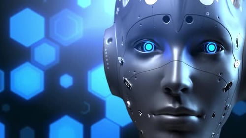 Gesicht eines Roboters einer Frau, der Informationen studiert. digitaler Hintergrund