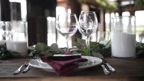 Wine glasses. Decor on the table.