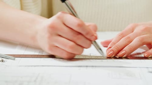 Architect Designer Drawing Plan Blueprint Closeup