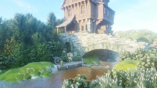 Animated Rustic Watermill and Stone Bridge on a Flowing River