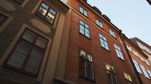 Apartment Building Streets in Old Northern European City. Scandinavian Windows