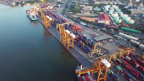 Aerial top view of container cargo ship in the export and import business and logistics