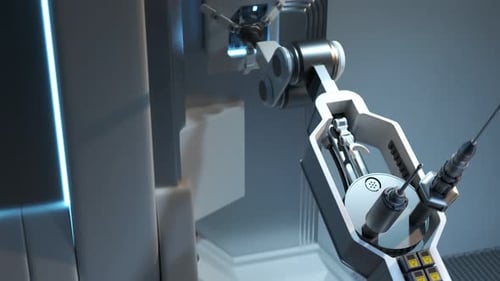 Close up of a robotic arm with multitool function doing maintenance. 4K HD