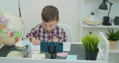 Child Kid School Boy Distance Learning Class Using Mobile Application Watching Online Tutoring