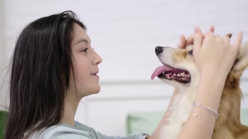 Woman Cuddling Adorable Corgi Dog Indoors