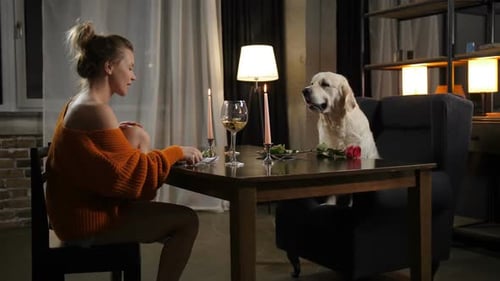 Woman and Dog Having Romantic Candlelight Dinner
