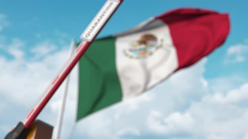 Mexico Quarantine Border Barrier with Waving Flag