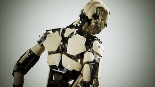 Advanced Humanoid Robot Model Walking Slowly in Futuristic Scene