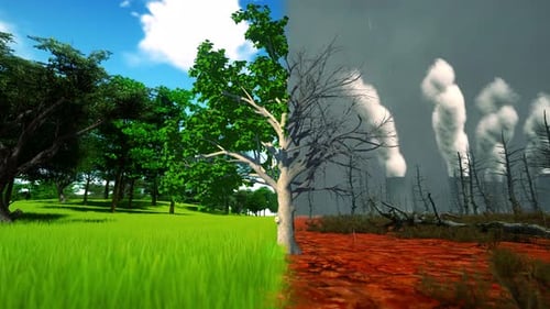 Environmental Contrast: Lush Forest vs. Industrial Pollution Scene